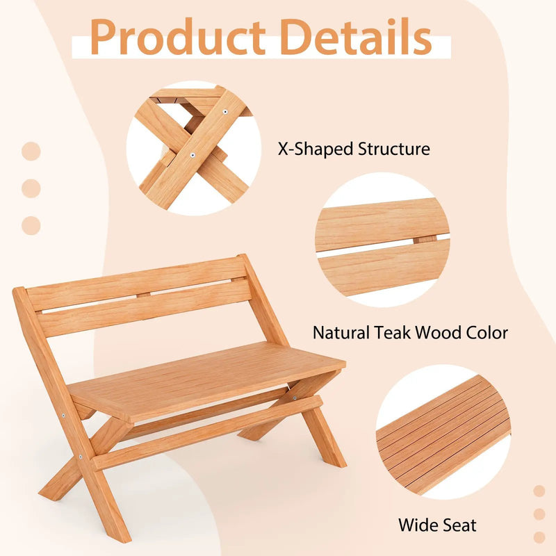 2-Person Indonesia Teak Wood Folding Outdoor Benches with Slatted Seat by DirectDeals