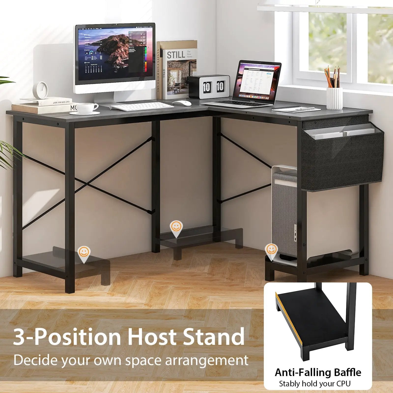 Modern Reversible Computer Desk with Storage Pocket and CPU Stand for Working Writing Gaming-Dark Gray by DirectDeals