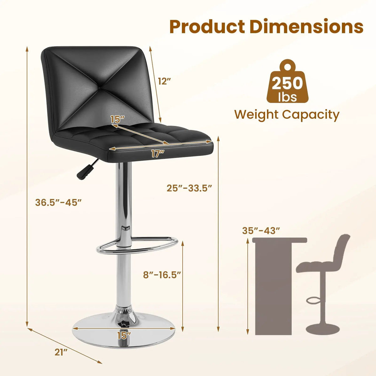PU Leather Upholstered Bar Stools Set of 2 with Back and Adjustable Height by DirectDeals