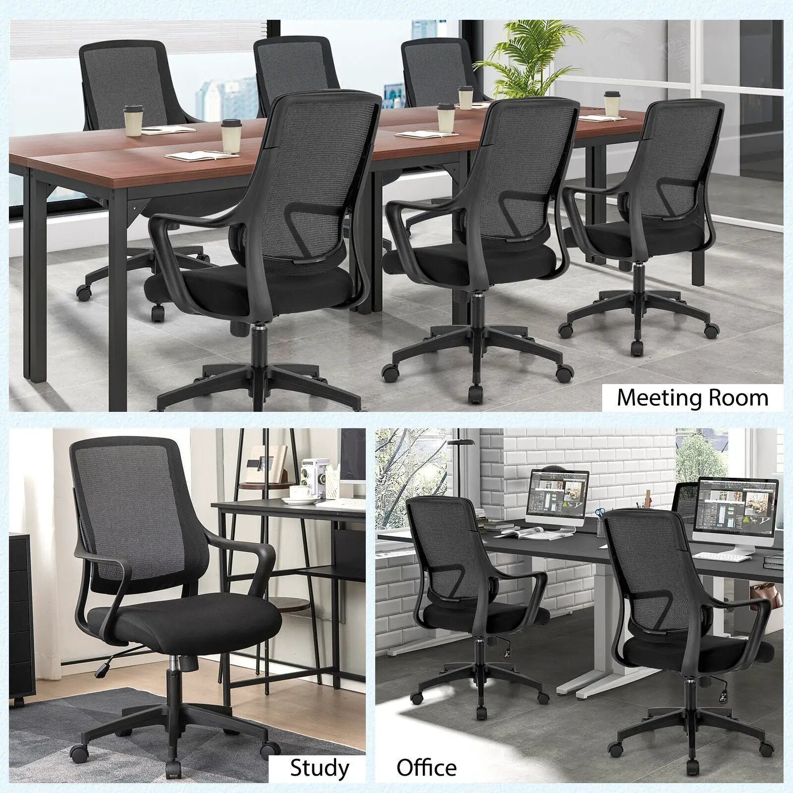 Modern Breathable Mesh Chair with Curved Backrest and Armrest-Black by DirectDeals