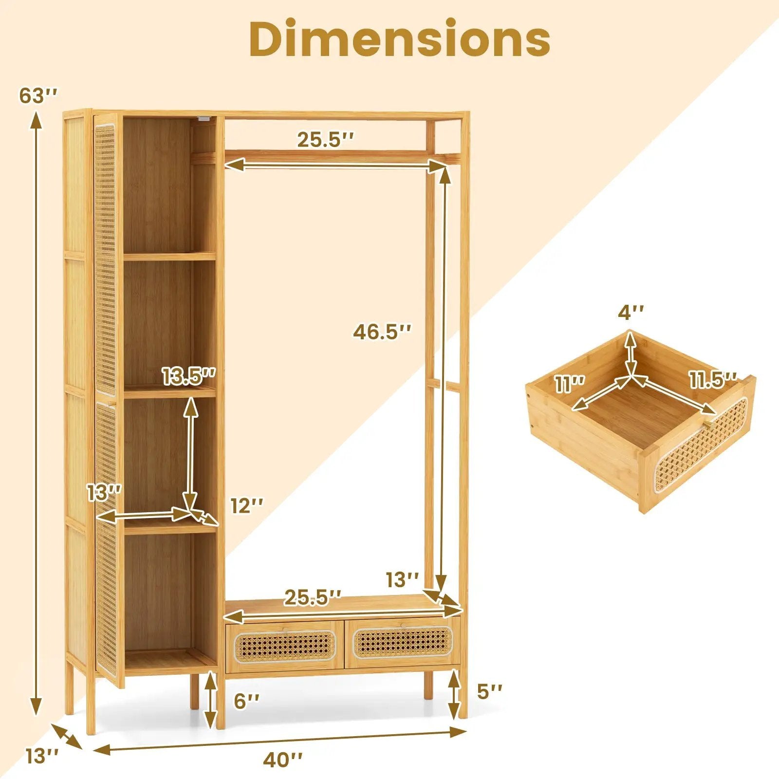 Bamboo Clothing Rack with Cabinet and Drawers and Hanging Rod-Natural by DirectDeals
