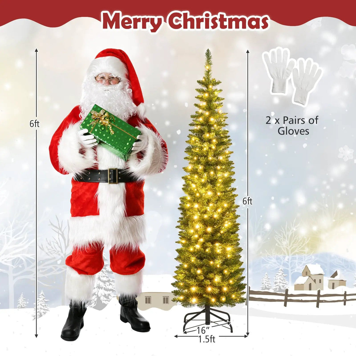 5/6/7/8/9 Feet Pre-lit Pencil Artificial Christmas Tree with 150/180/200//300/400 Warm White LED Lights by DirectDeals