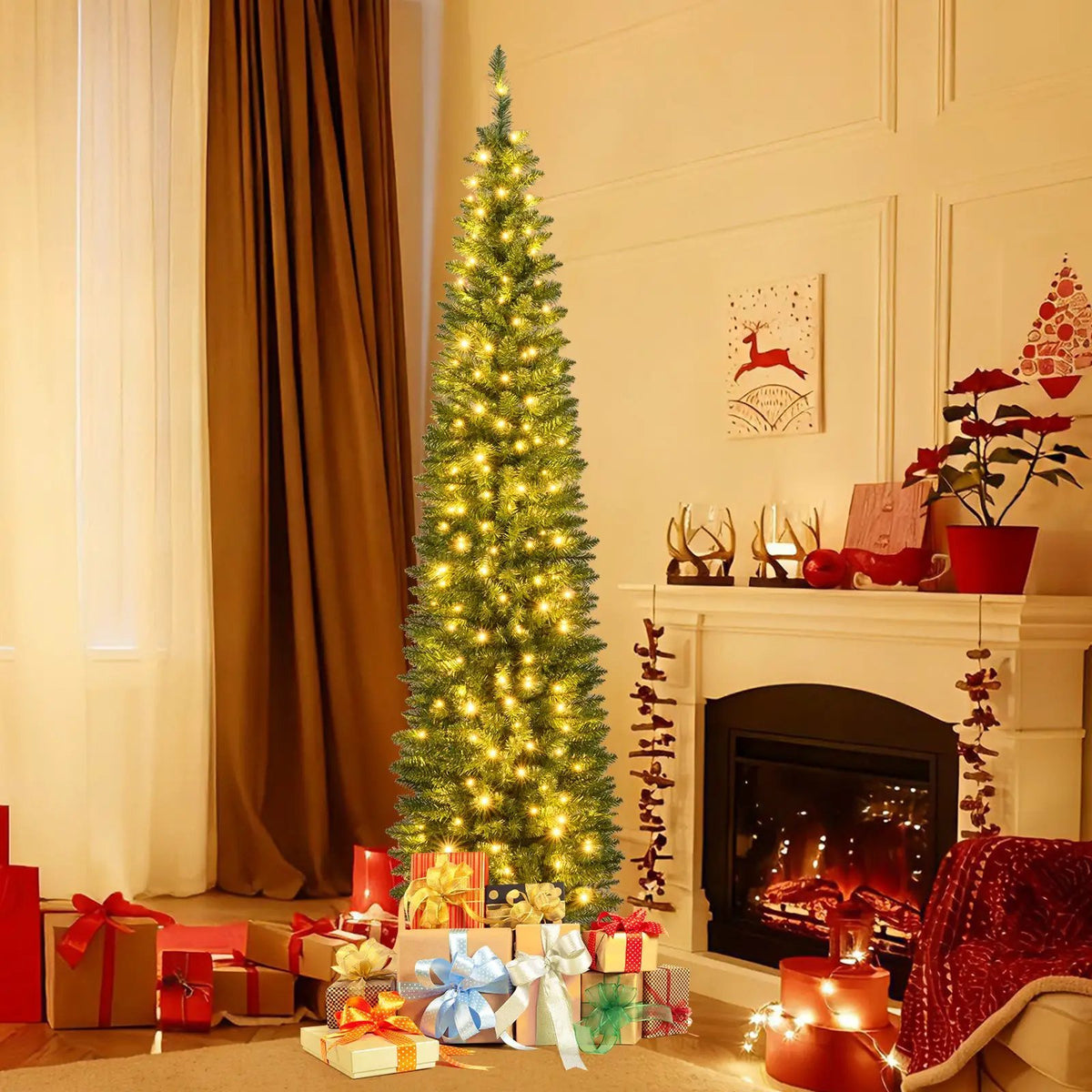 5/6/7/8/9 Feet Pre-lit Pencil Artificial Christmas Tree with 150/180/200//300/400 Warm White LED Lights by DirectDeals