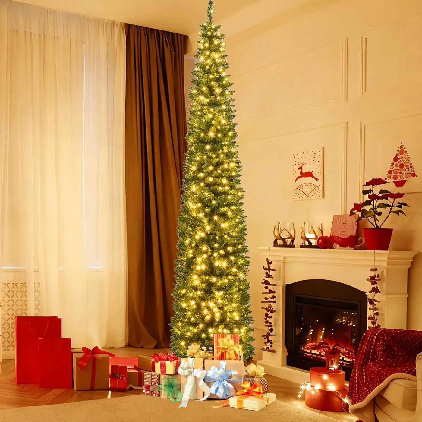 5/6/7/8/9 Feet Pre-lit Pencil Artificial Christmas Tree with 150/180/200//300/400 Warm White LED Lights by DirectDeals