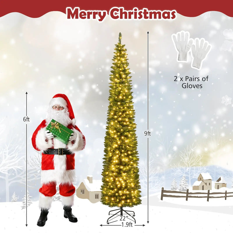 5/6/7/8/9 Feet Pre-lit Pencil Artificial Christmas Tree with 150/180/200//300/400 Warm White LED Lights by DirectDeals