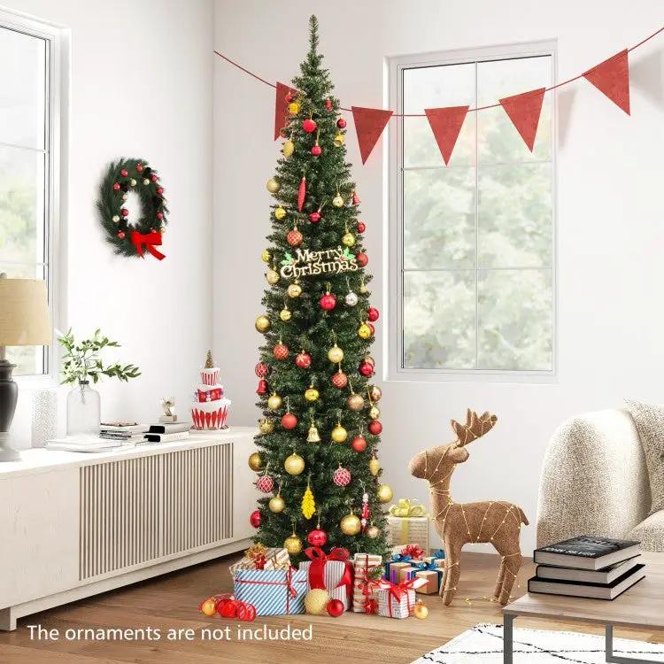 5/6/7/8/9 Feet Pre-lit Pencil Artificial Christmas Tree with 150/180/200//300/400 Warm White LED Lights by DirectDeals