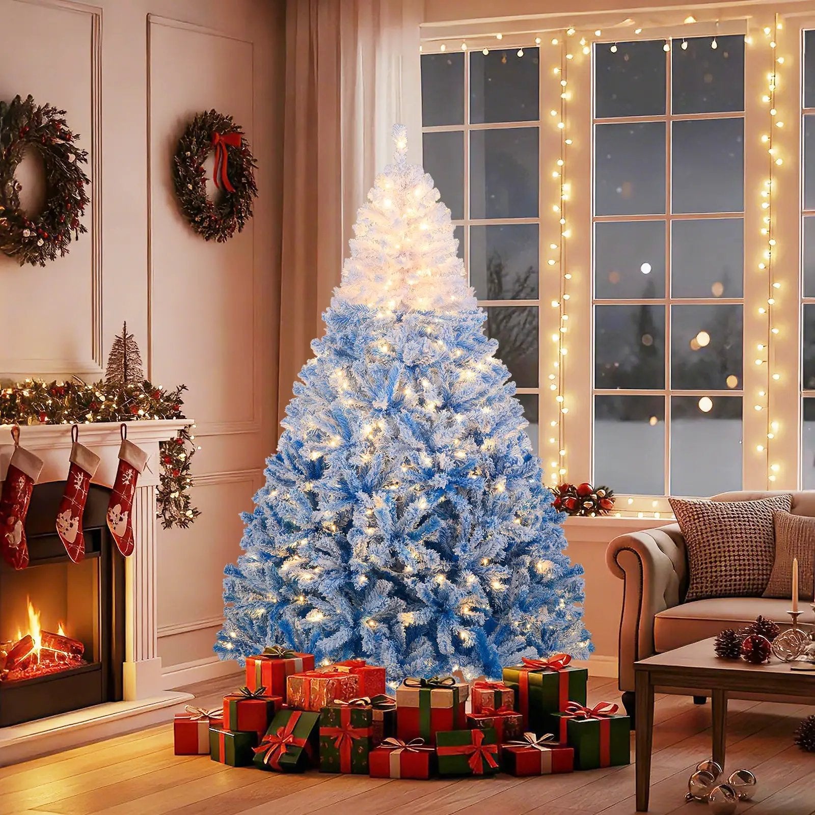 5/6/7/8 FT Artificial Christmas Tree with Warm White LED Lights and 8 Modes by DirectDeals