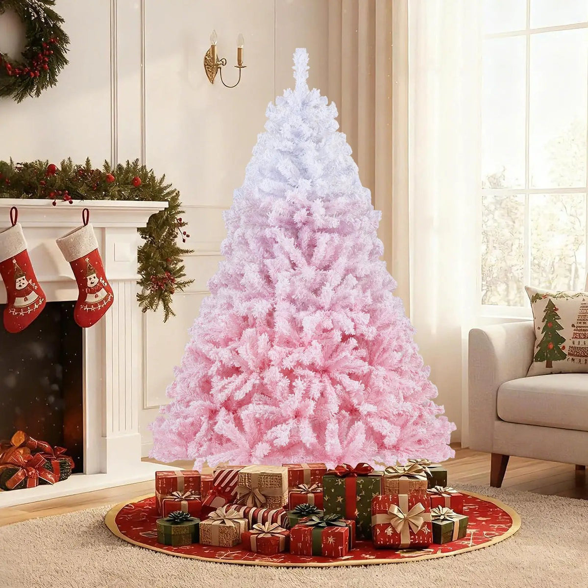 5/6/7/8 FT Artificial Christmas Tree with Warm White LED Lights and 8 Modes for Holiday by DirectDeals