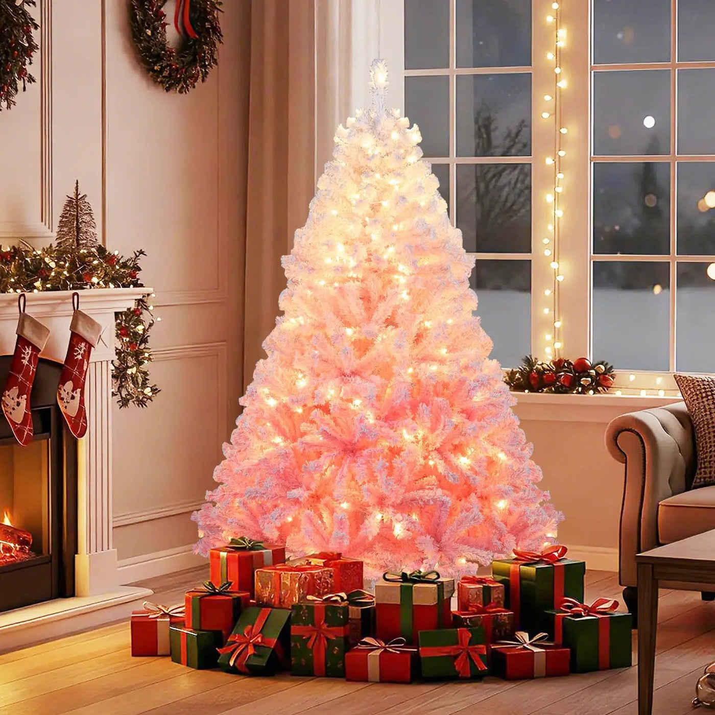 5/6/7/8 FT Artificial Christmas Tree with Warm White LED Lights and 8 Modes for Holiday by DirectDeals
