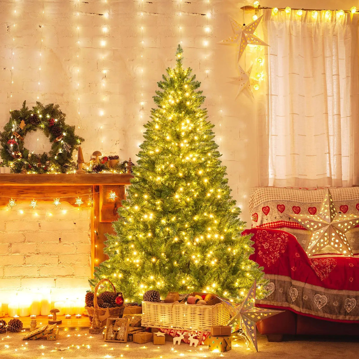 5/6/7 Feet Artificial Christmas Tree Hinged Xmas Tree with 7 Lighting Modes by DirectDeals