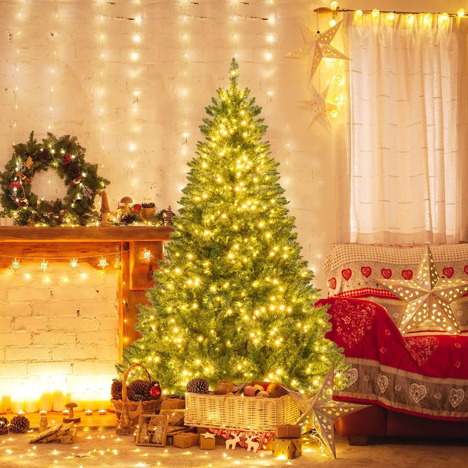 5/6/7 Feet Artificial Christmas Tree Hinged Xmas Tree with 7 Lighting Modes by DirectDeals