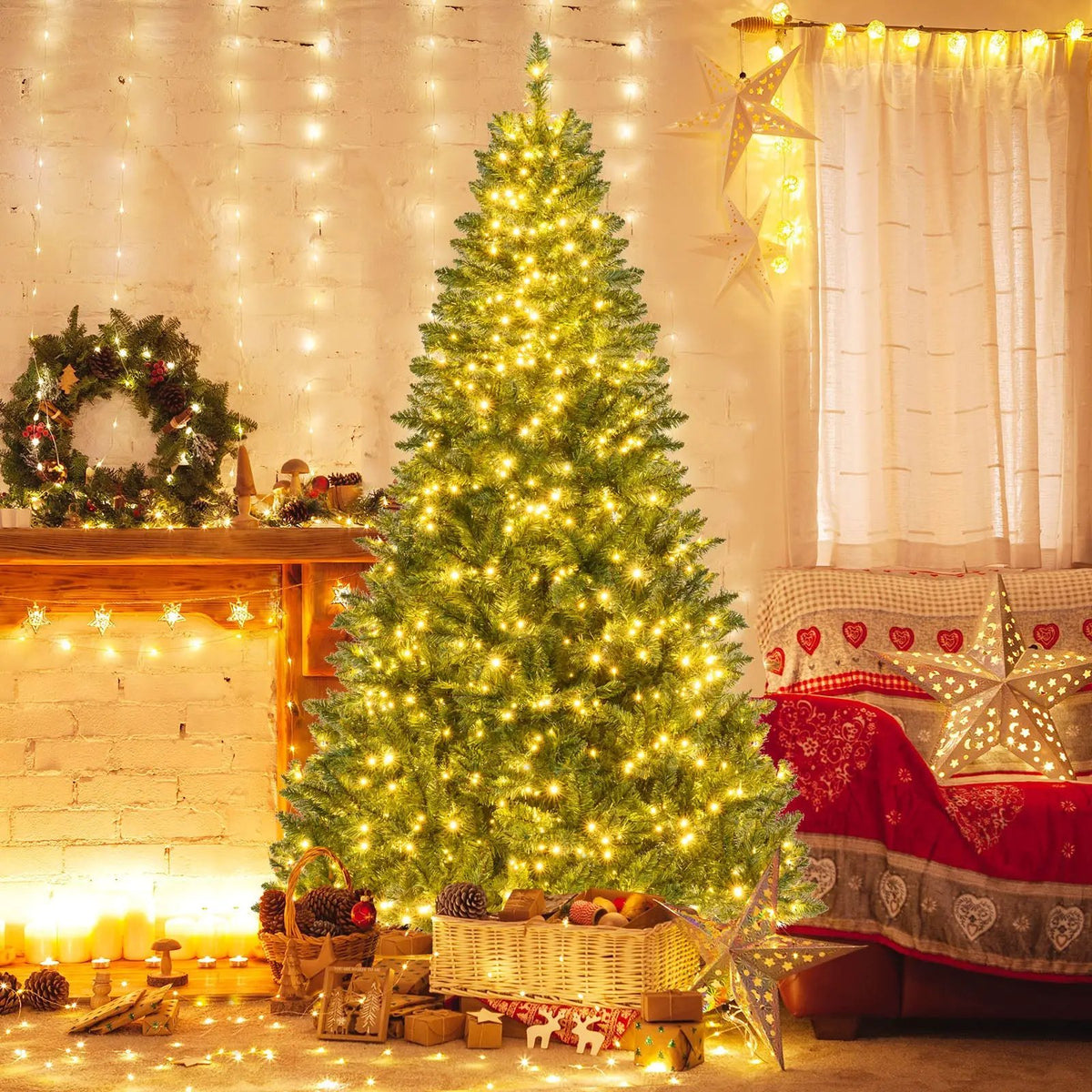 5/6/7 Feet Artificial Christmas Tree Hinged Xmas Tree with 7 Lighting Modes by DirectDeals