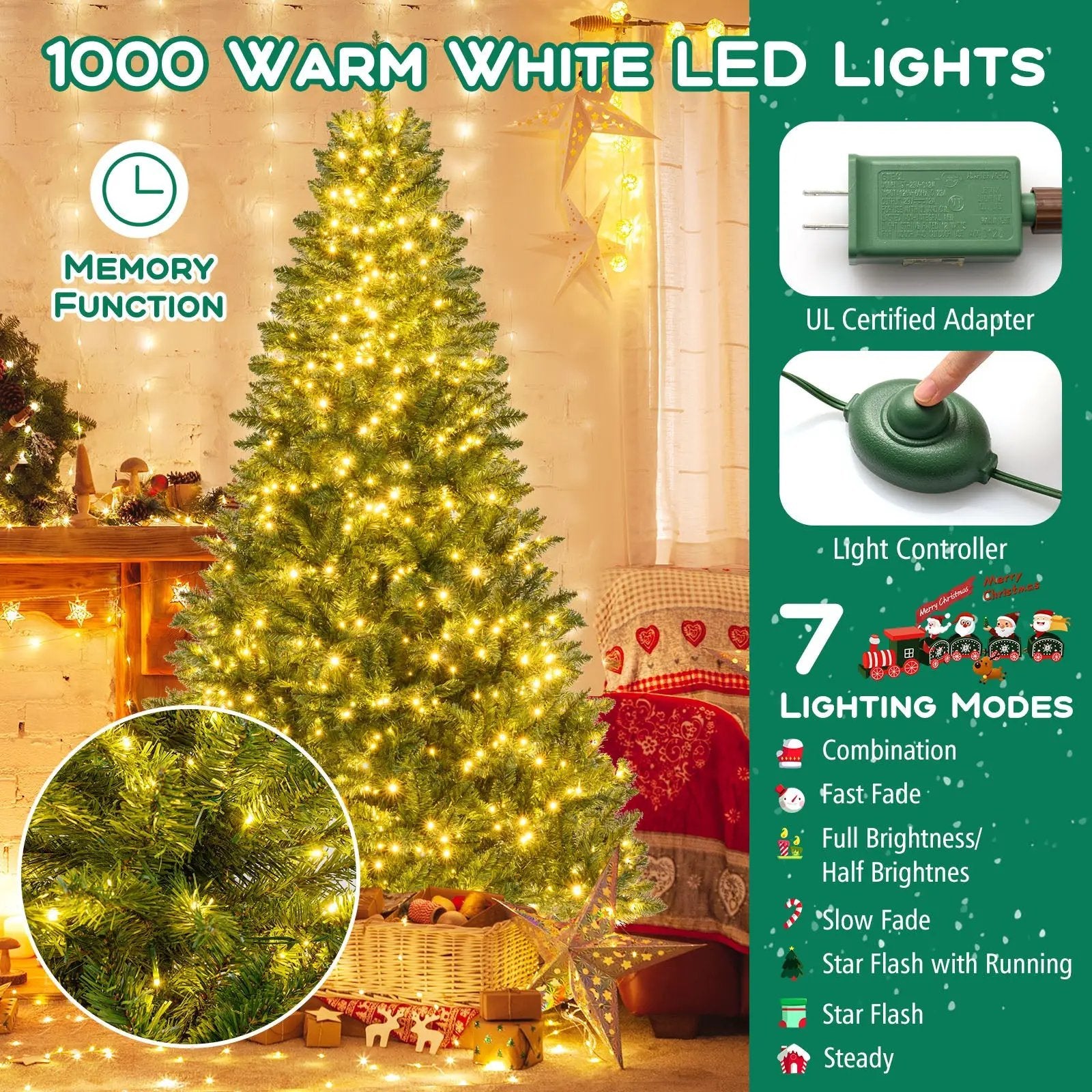 5/6/7 Feet Artificial Christmas Tree Hinged Xmas Tree with 7 Lighting Modes by DirectDeals