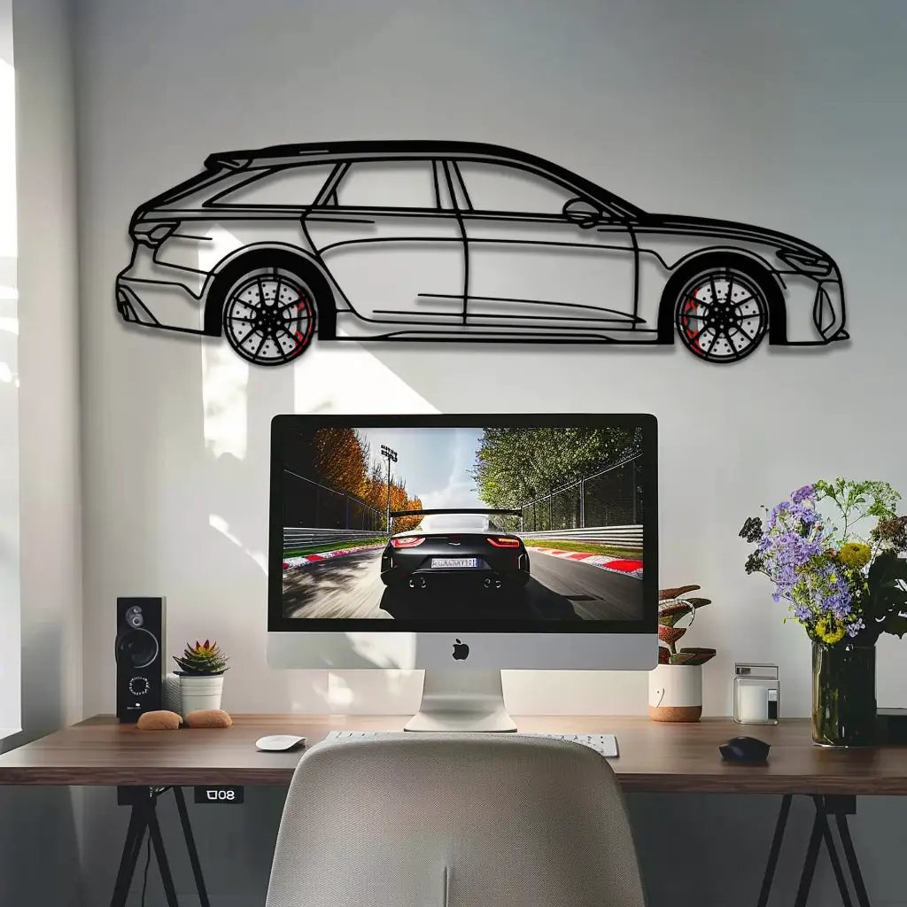 Audi RS6 Avant Metal Car Wall Art with Rotating Wheels - Super Wagon Silhouette Decor - Interactive Automotive Wall Art - KAFMEKA098 by Enova Art