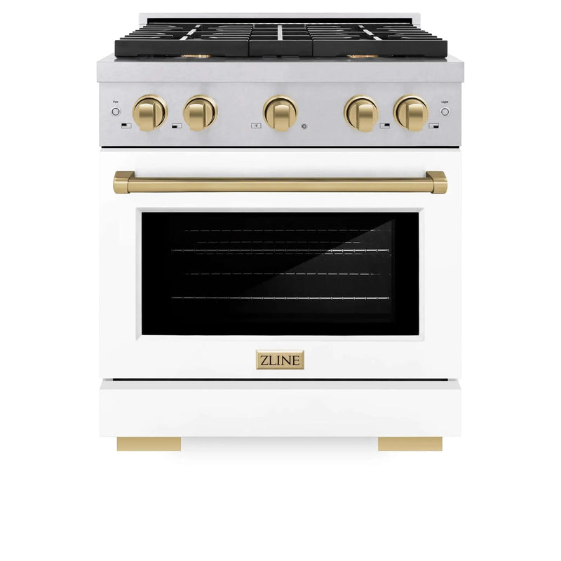 ZLINE 30"Paramount Dual Fuel Range DuraSnow® White Matte, Champagne Bronze SDRSZ-WM-30-CB by Farmhouse Kitchen and Bath
