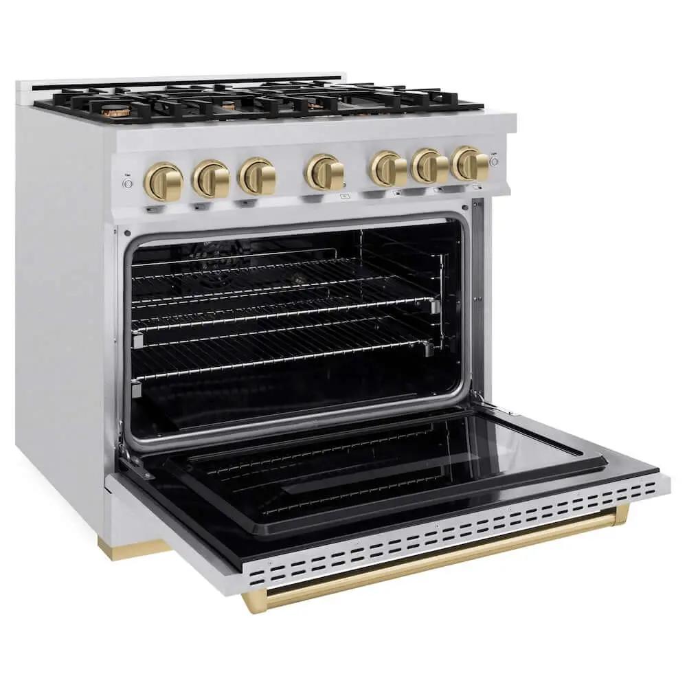 ZLINE 36" Dual Fuel Range, Gas Cooktop, Electric Convection Oven DuraSnow® Stainless Steel, Champagne Bronze CDRSZ-36-CB by Farmhouse Kitchen and Bath