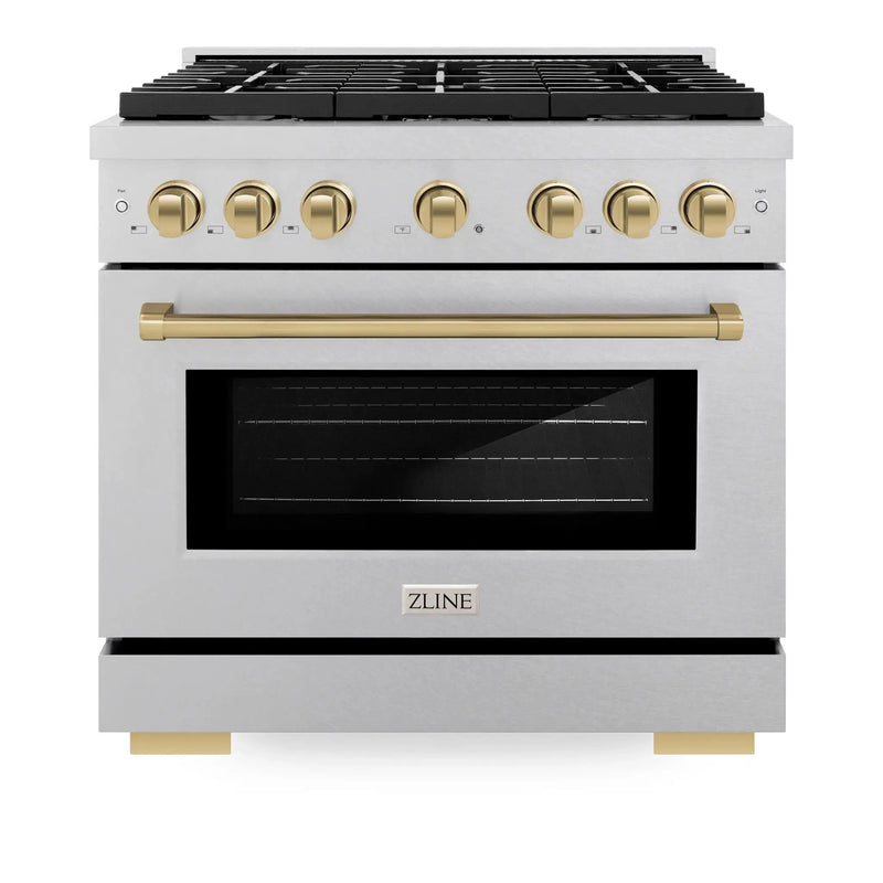 ZLINE 36"Paramount Dual Fuel Range DuraSnow® Champagne Bronze SDRSZ-36-CB by Farmhouse Kitchen and Bath