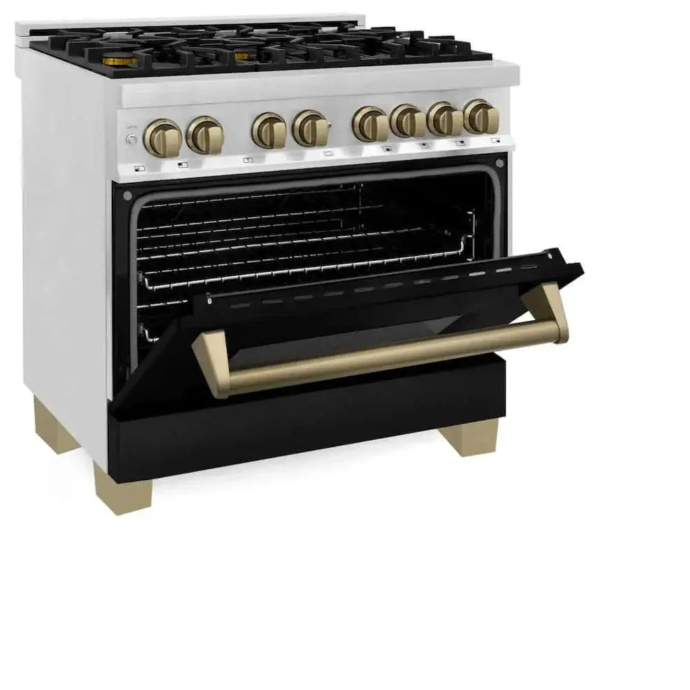 ZLINE 36" Autograph Dual Fuel Range, Black, Bronze, RAZ-BLM-36-CB by Farmhouse Kitchen and Bath