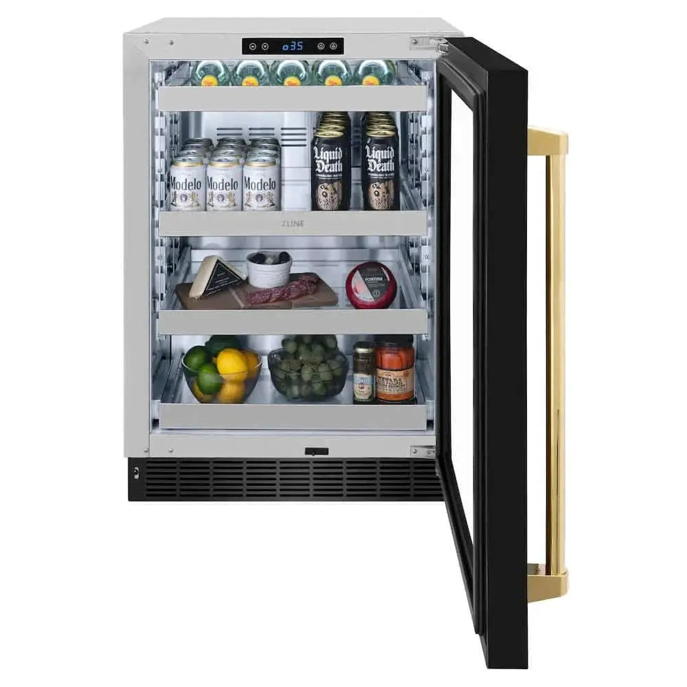 ZLINE 24" Touchstone 151 Can Beverage Fridge Black Stainless Steel Glass Door Gold Handle RBSOZ-BS-24-G by Farmhouse Kitchen and Bath