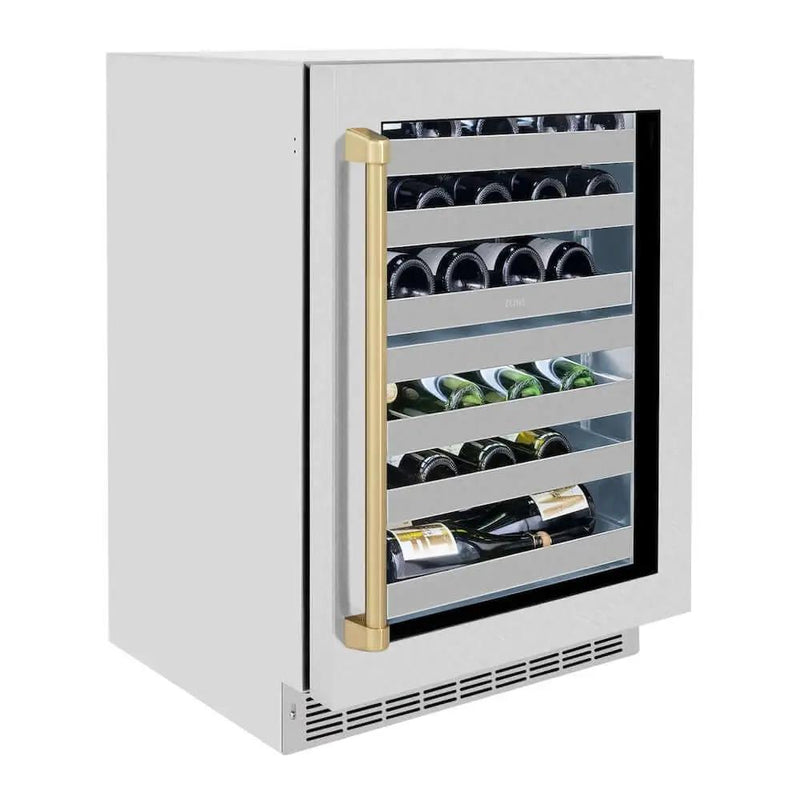 ZLINE 24" Touchstone Dual Zone 44 Bottle Wine Cooler DuraSnow® Stainless Steel Glass Door Champagne Bronze Handle RWDOZ-SN-24-CB by Farmhouse Kitchen and Bath