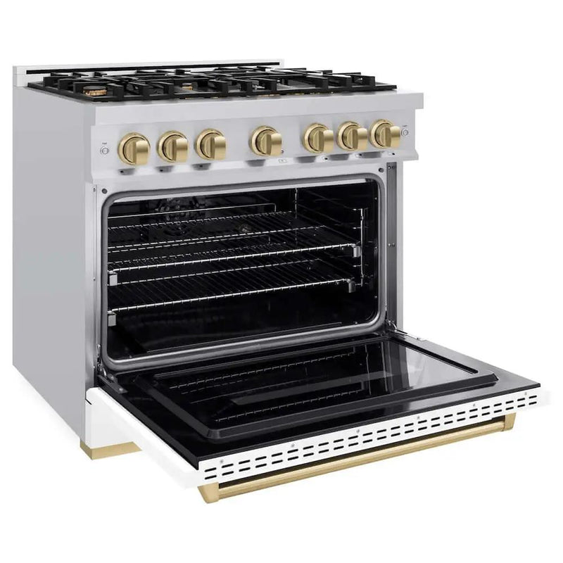 ZLINE 36" Dual Fuel Range, Gas Cooktop, Electric Convection Oven Stainless Steel, Matte White Door Polished Gold CDRZ-WM-36-G by Farmhouse Kitchen and Bath