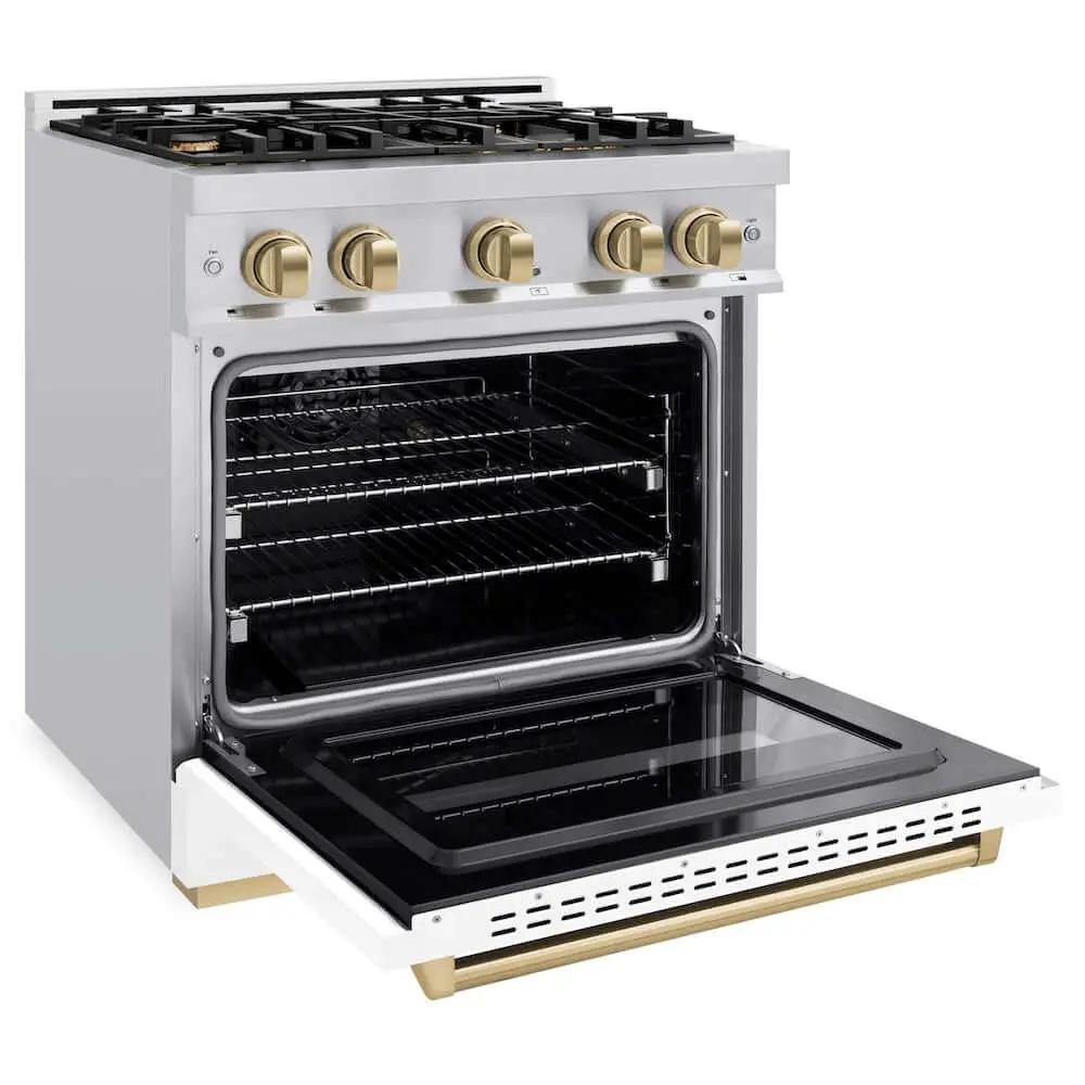 ZLINE 30" Dual Fuel Range, Gas Cooktop, Electric Convection Oven Stainless Steel, White Matte Polished Gold CDRZ-WM-30-G by Farmhouse Kitchen and Bath