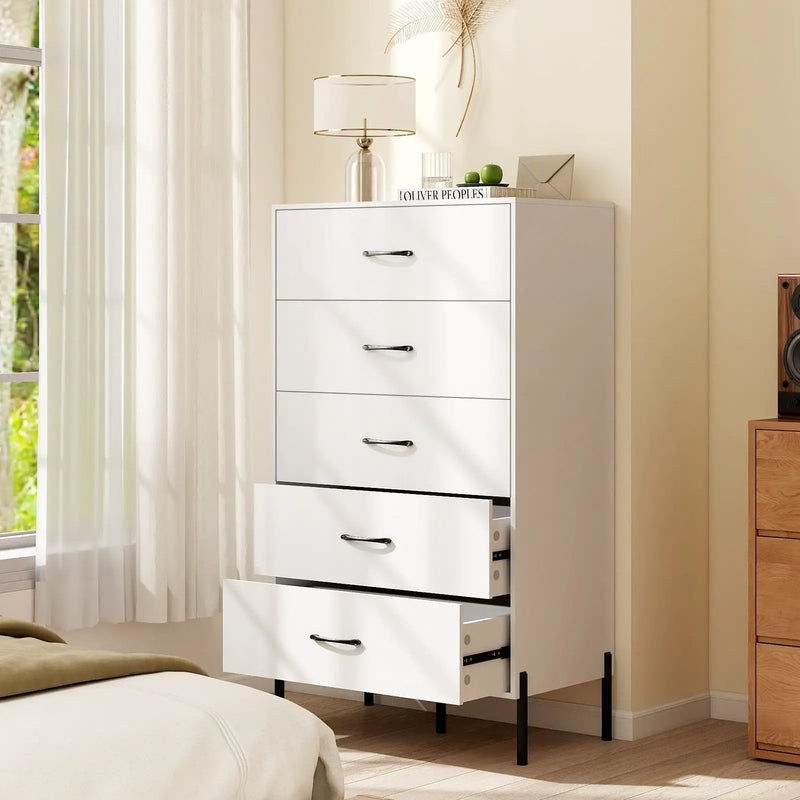 5-Drawer Modern Tall Chest of Drawers with Metal Legs-White by DirectDeals