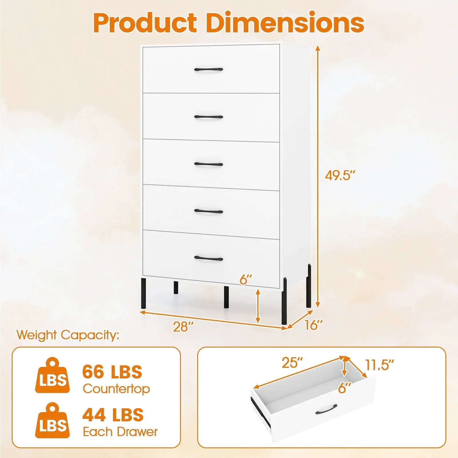 5-Drawer Modern Tall Chest of Drawers with Metal Legs-White by DirectDeals