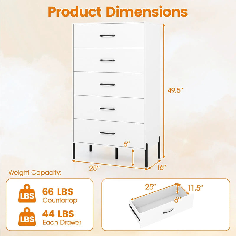 5-Drawer Modern Tall Chest of Drawers with Metal Legs-White by DirectDeals