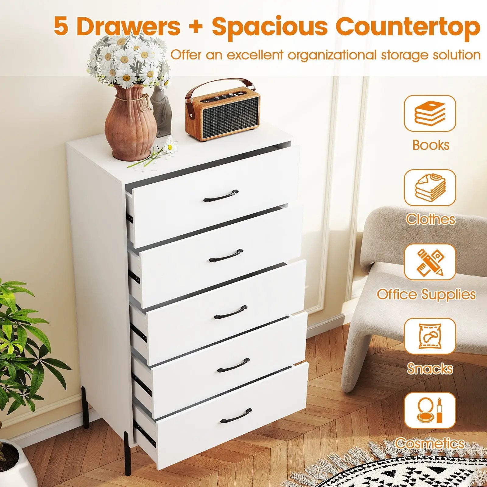 5-Drawer Modern Tall Chest of Drawers with Metal Legs-White by DirectDeals