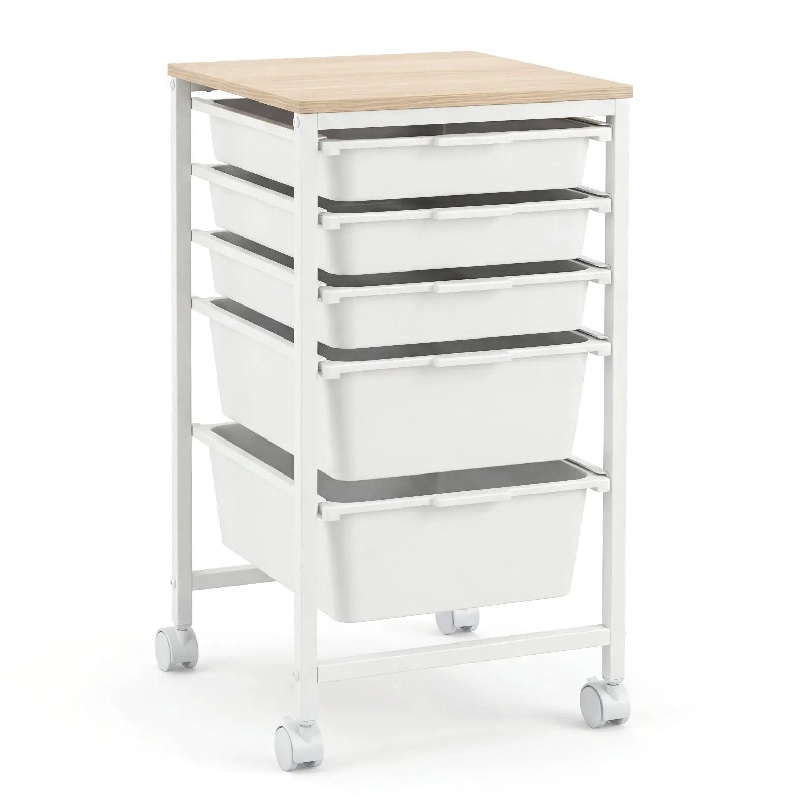5-Drawer Rolling Storage Cart Mobile Utility Organizer with Wooden Tabletop and Lockable Wheels-White by DirectDeals