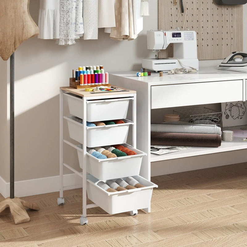 5-Drawer Rolling Storage Cart Mobile Utility Organizer with Wooden Tabletop and Lockable Wheels-White by DirectDeals