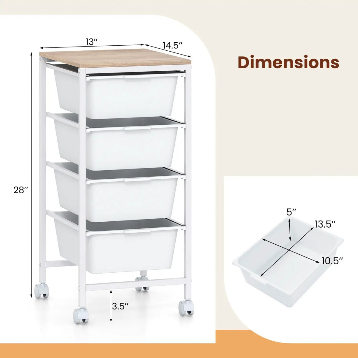 5-Drawer Rolling Storage Cart Mobile Utility Organizer with Wooden Tabletop and Lockable Wheels-White by DirectDeals