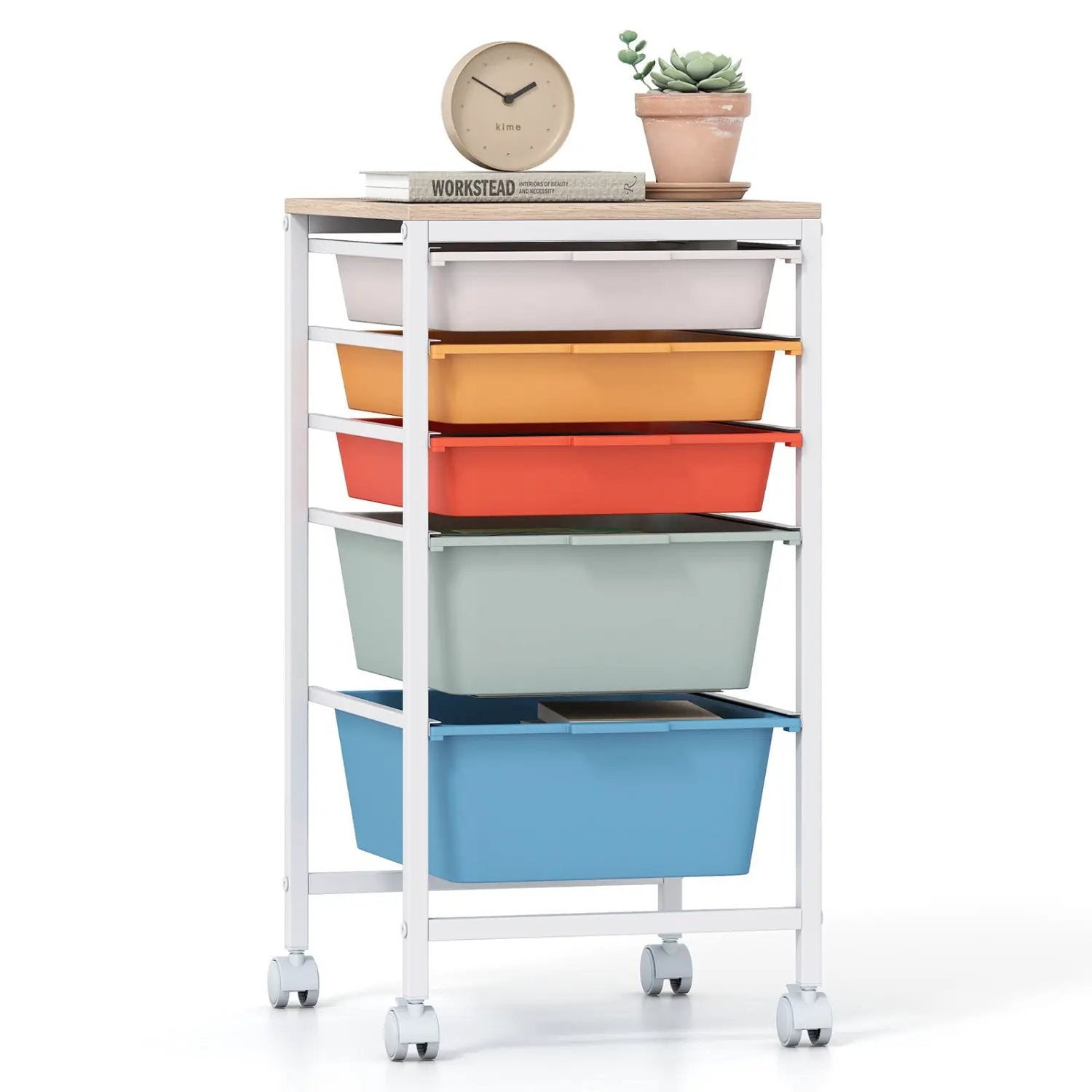 5-Drawer Rolling Storage Cart Mobile Utility Organizer with Wooden Tabletop and Lockable Wheels-White by DirectDeals