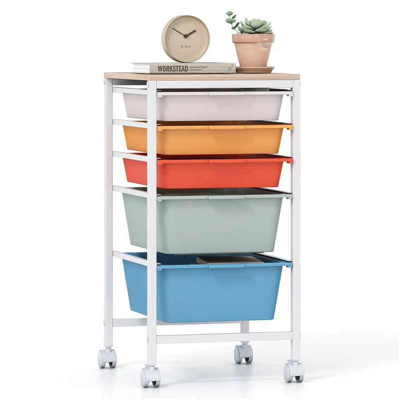 5-Drawer Rolling Storage Cart Mobile Utility Organizer with Wooden Tabletop and Lockable Wheels-White by DirectDeals