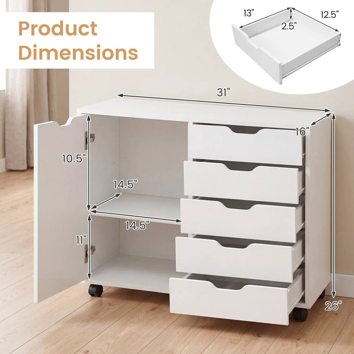 5-Drawer Mobile Storage Cabinet with Adjustable Shelf by DirectDeals