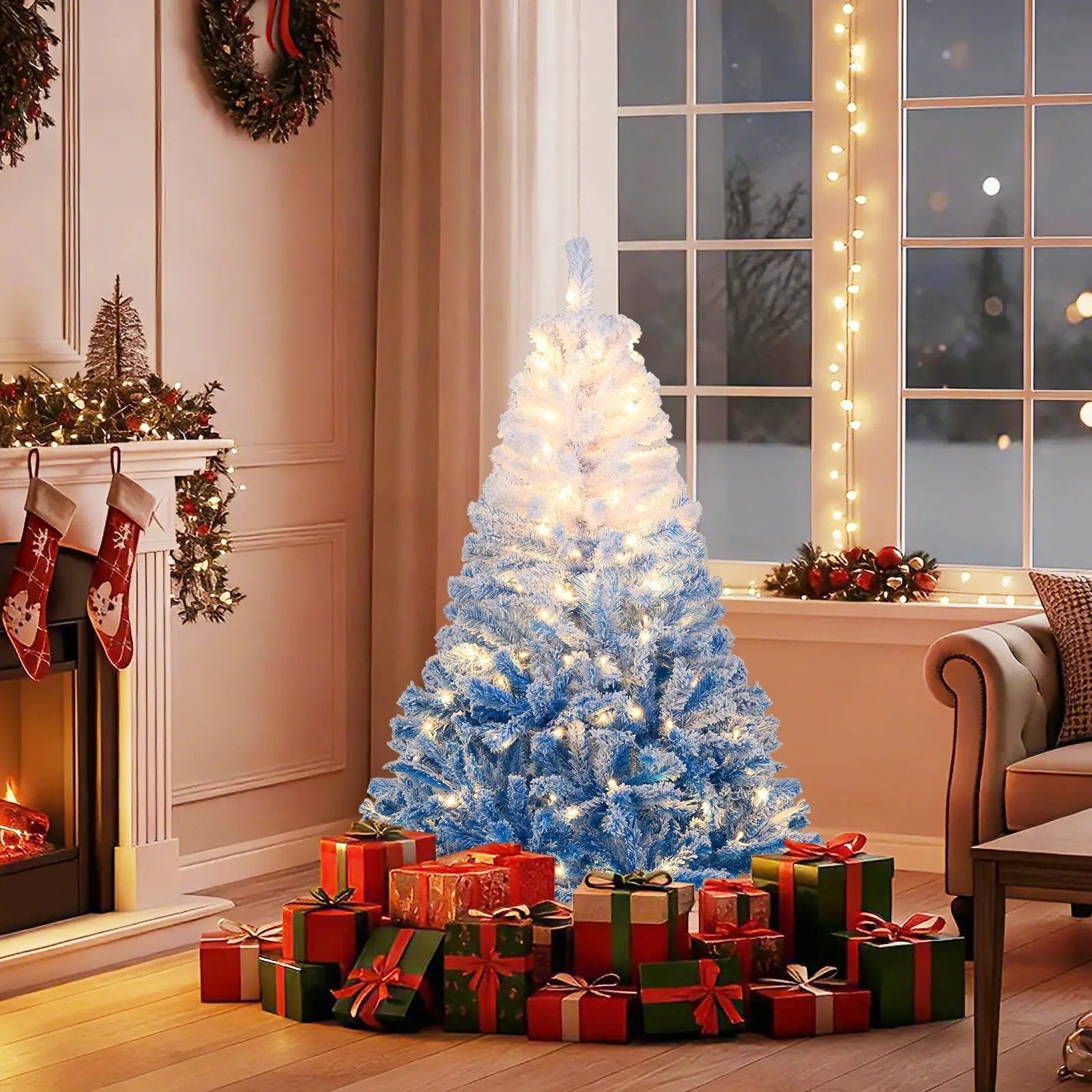 5/6/7/8 FT Artificial Christmas Tree with Warm White LED Lights and 8 Modes by DirectDeals