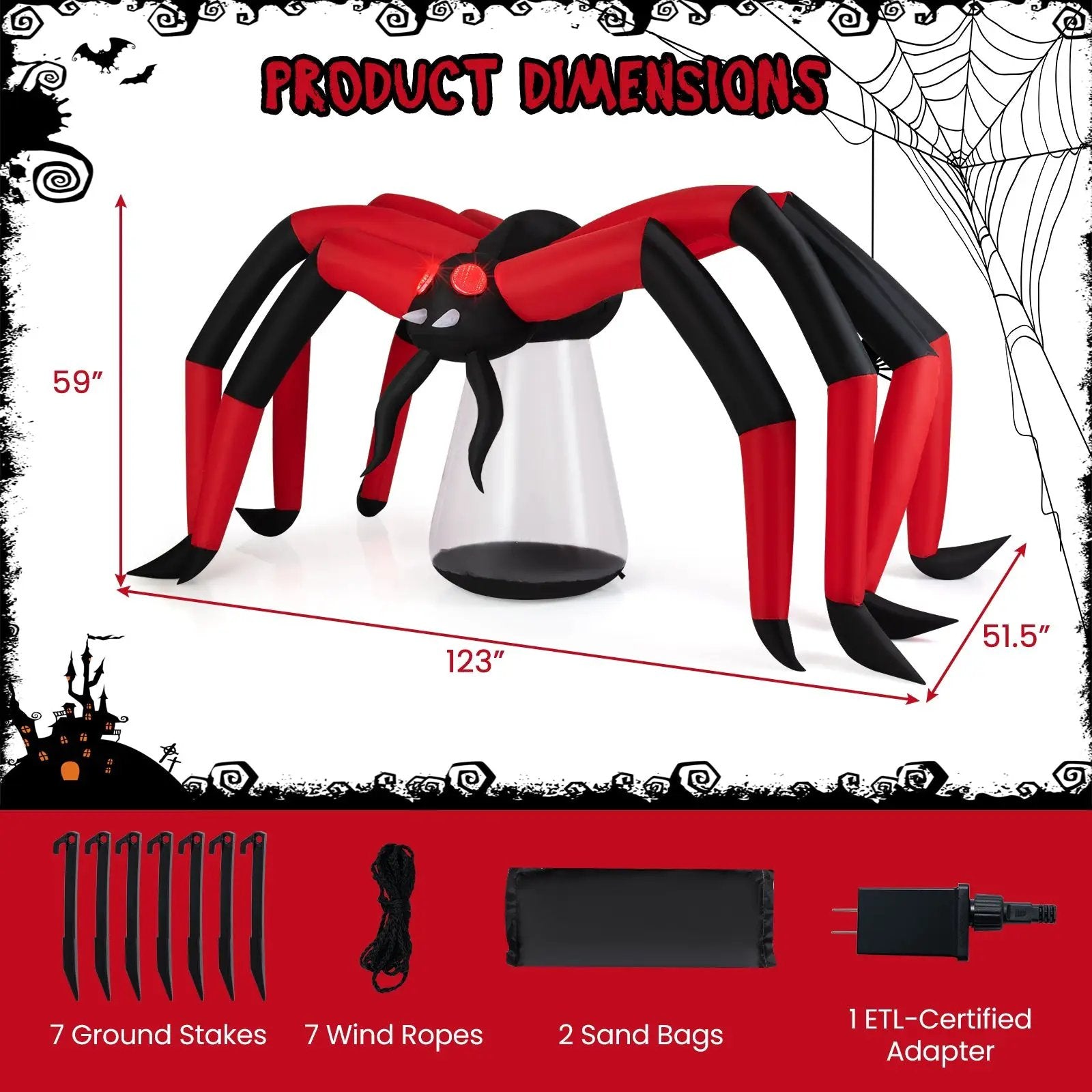 Halloween Inflatable Spider Blow Up Yard Scary Spider with Red Tunnel Light Eyes by DirectDeals