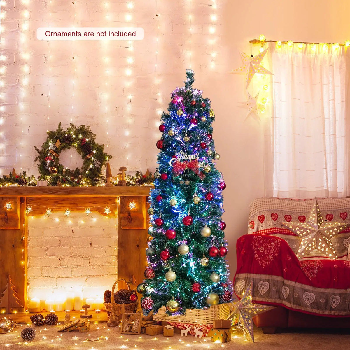 5/6/7/8 FT Pre-Lit Christmas Pencil Tree with Colorful Fiber Optics Green by DirectDeals