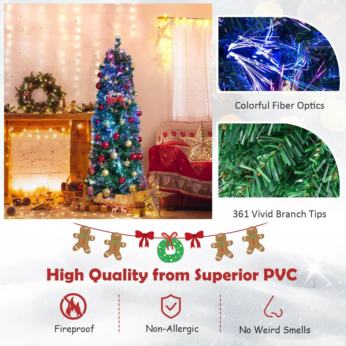 5/6/7/8 FT Pre-Lit Christmas Pencil Tree with Colorful Fiber Optics Green by DirectDeals