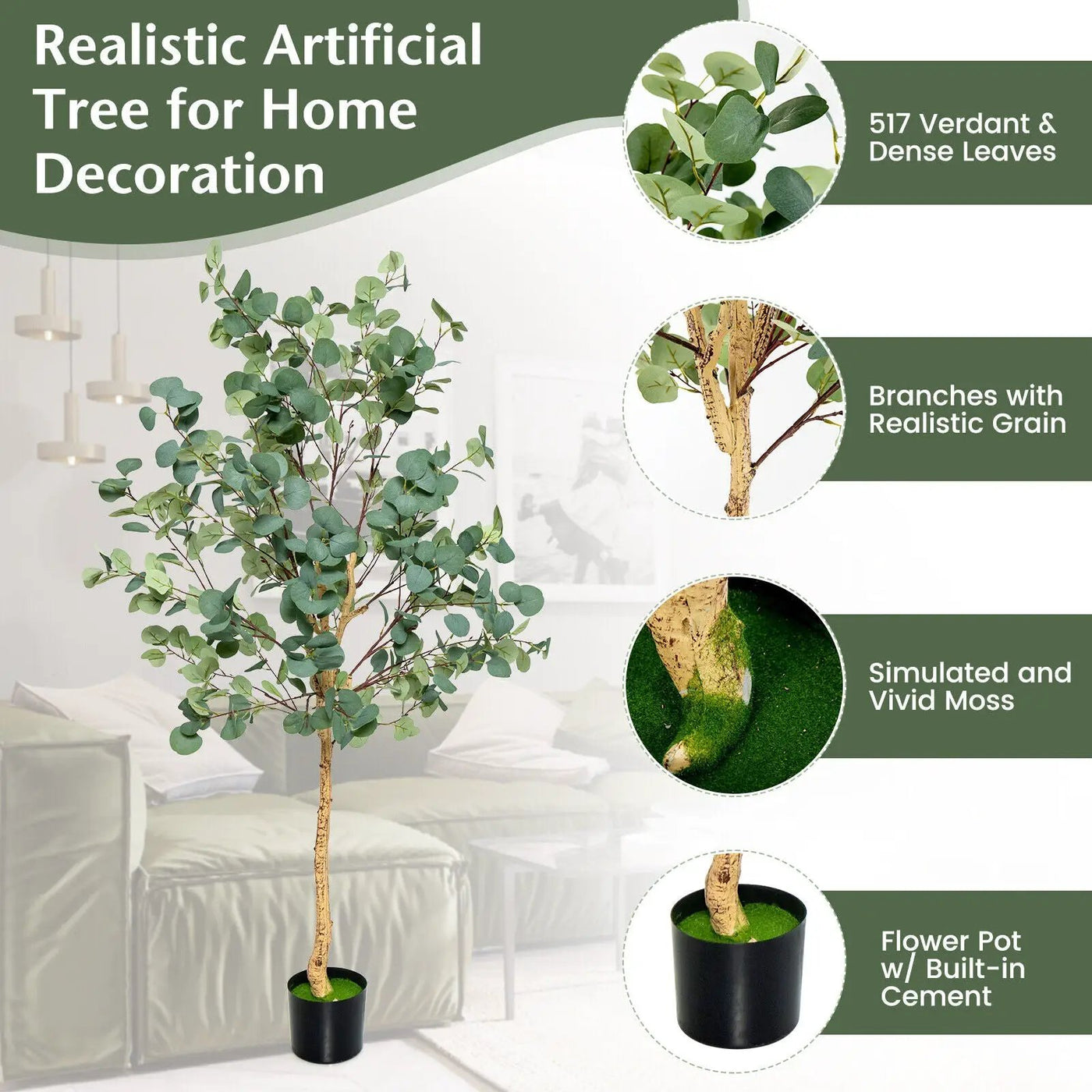 5.5 Feet Artificial Eucalyptus Tree with 517 Silver Dollar Leaves by DirectDeals