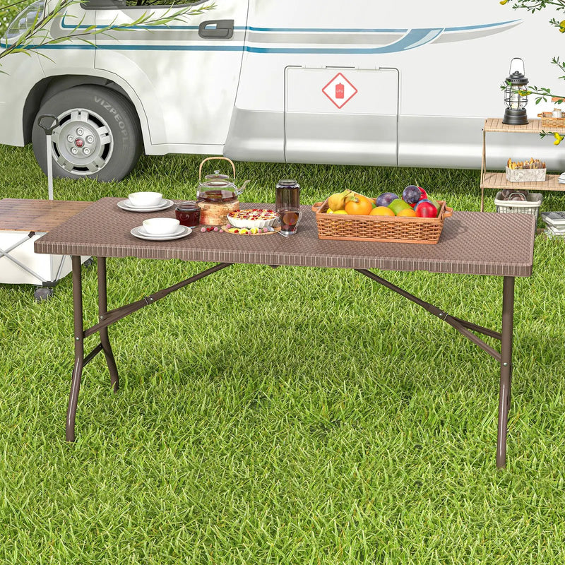 5FT Folding Picnic Table with Rattan Grain HDPE Tabletop and Sturdy Metal Fame-Coffee by DirectDeals