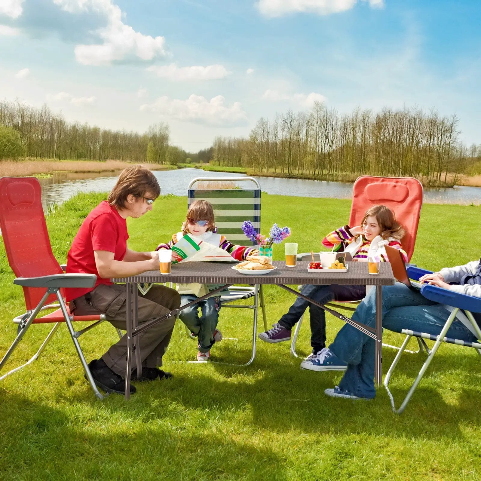 5FT Folding Picnic Table with Rattan Grain HDPE Tabletop and Sturdy Metal Fame-Coffee by DirectDeals