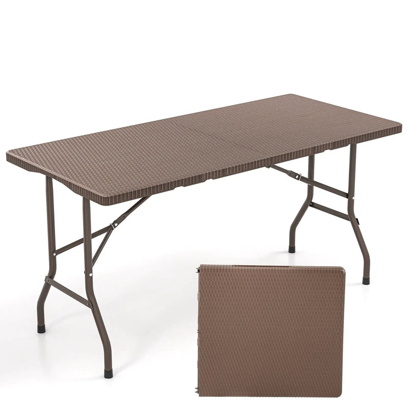5FT Folding Picnic Table with Rattan Grain HDPE Tabletop and Sturdy Metal Fame-Coffee by DirectDeals