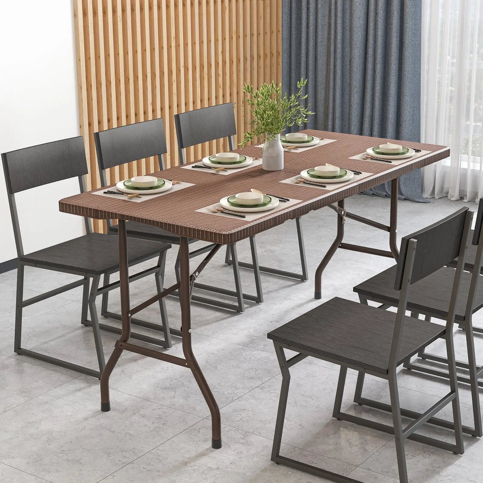 5FT Folding Picnic Table with Rattan Grain HDPE Tabletop and Sturdy Metal Fame-Coffee by DirectDeals