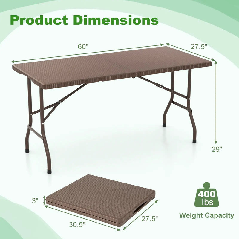 5FT Folding Picnic Table with Rattan Grain HDPE Tabletop and Sturdy Metal Fame-Coffee by DirectDeals