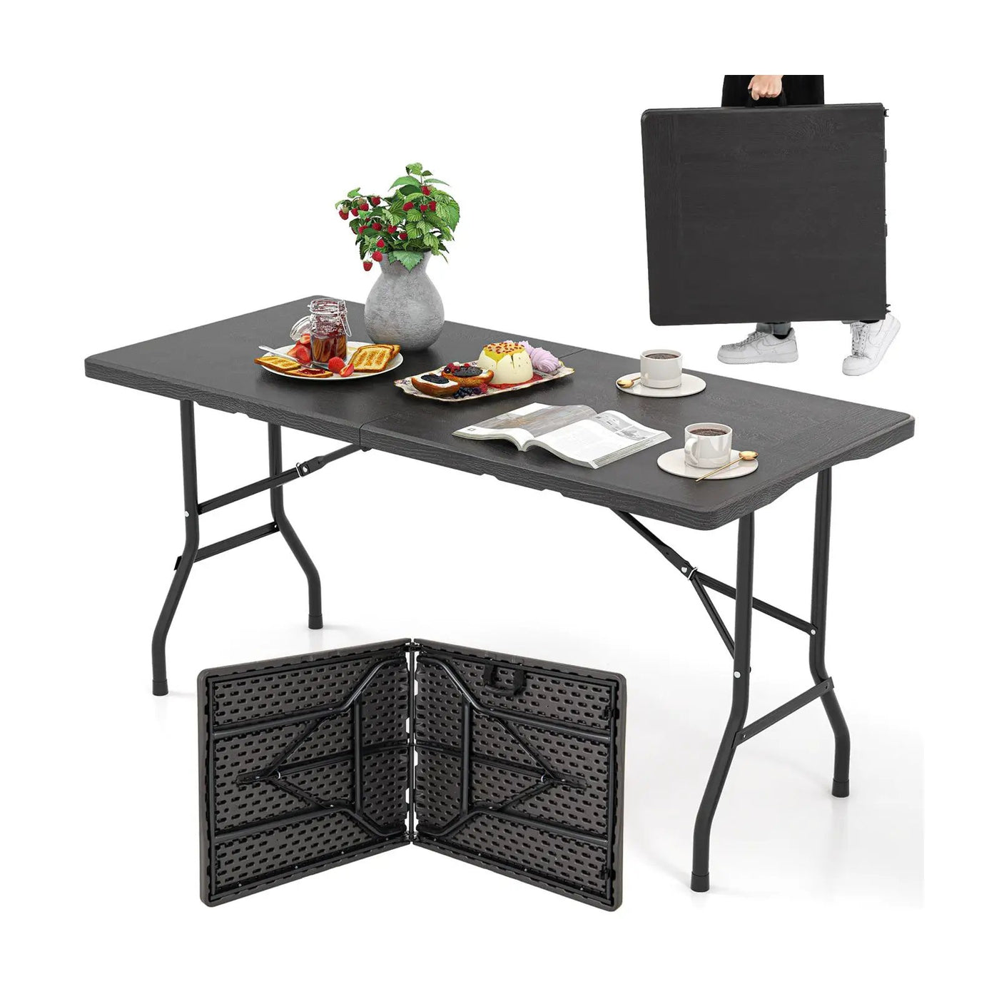 5FT Folding Picnic Table with Wood Grain HDPE Tabletop and Non-slip Foot Pads by DirectDeals