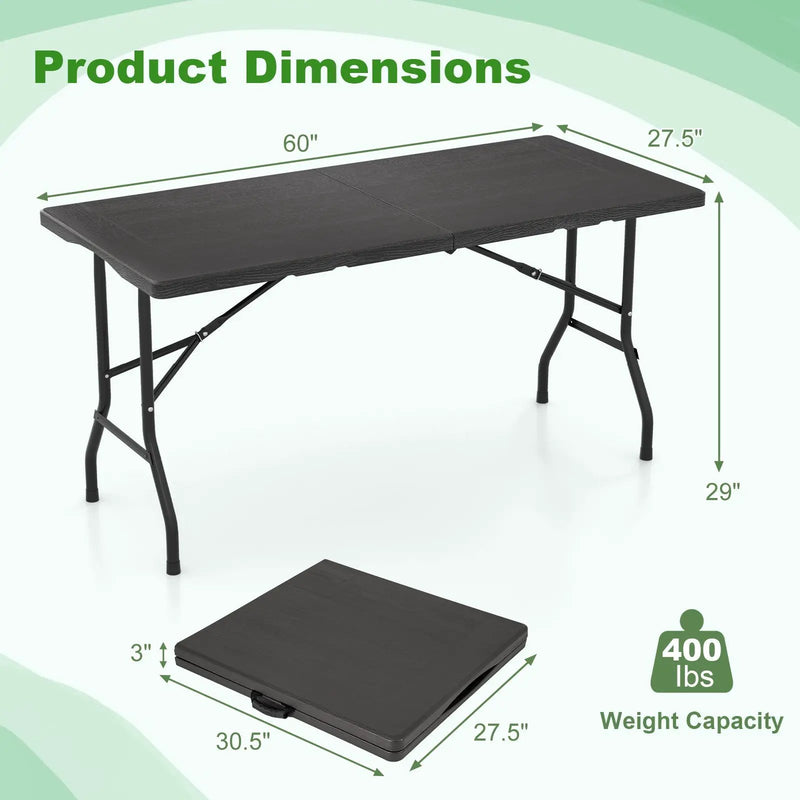 5FT Folding Picnic Table with Wood Grain HDPE Tabletop and Non-slip Foot Pads by DirectDeals