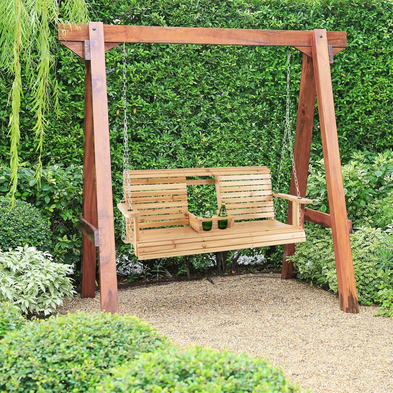 5 Feet Porch Swing Chair with Adjustable Chains and Foldable Cup Holders by DirectDeals