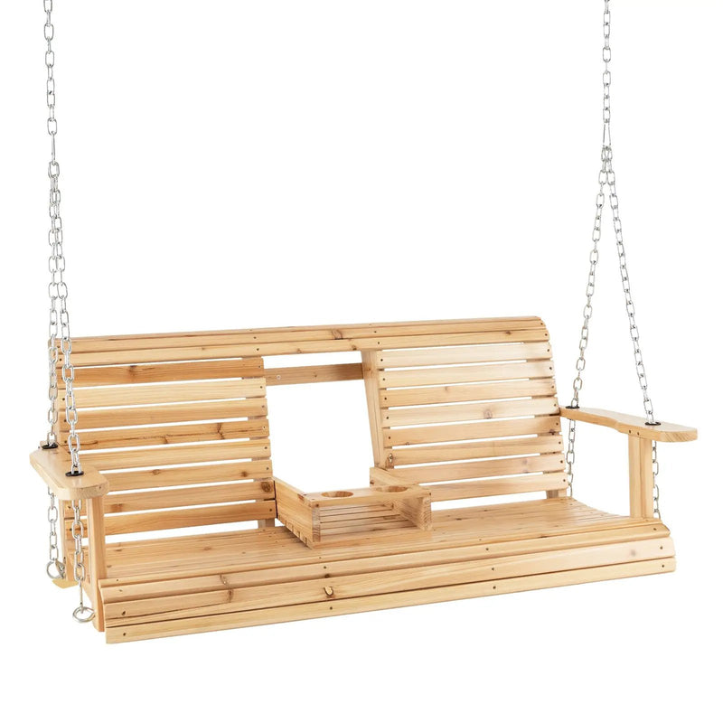 5 Feet Porch Swing Chair with Adjustable Chains and Foldable Cup Holders by DirectDeals